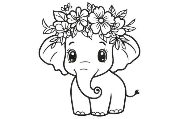 Review: Cute Baby Elephant with Flower Crown Line Art